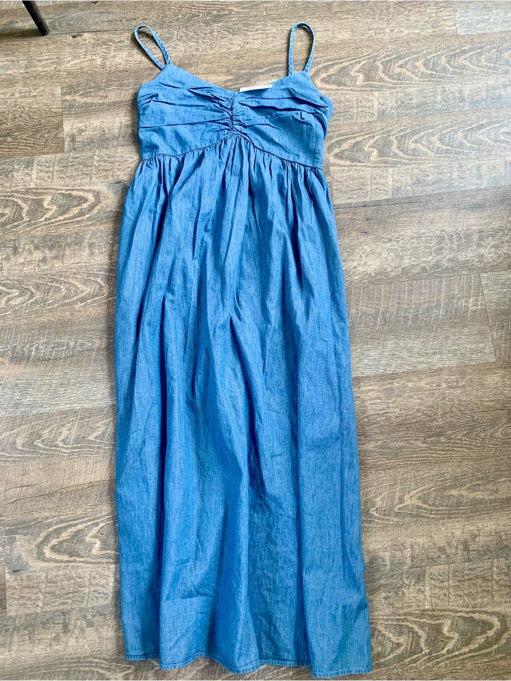 Gap Blue  Chambray Ruched Strapless Maxi Dress